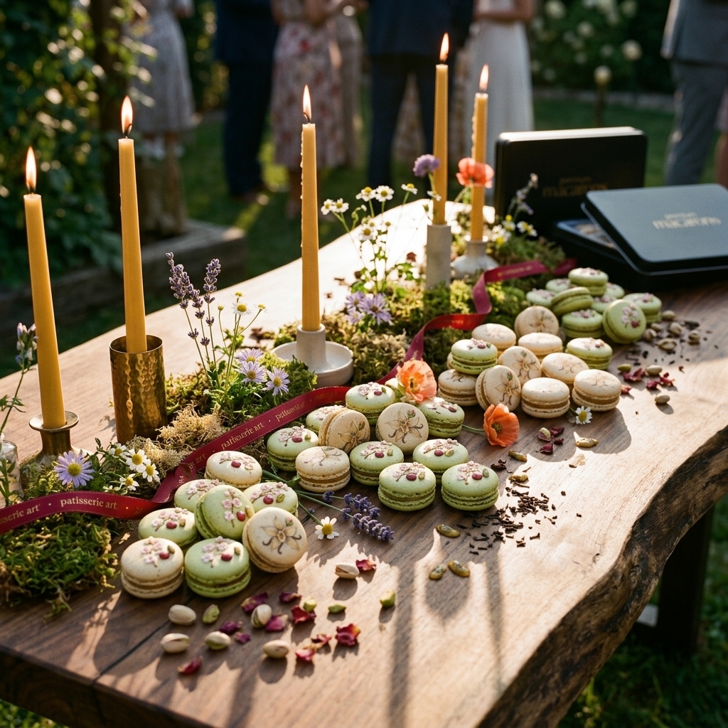 Mesa de macarons artesanales en evento al aire libre