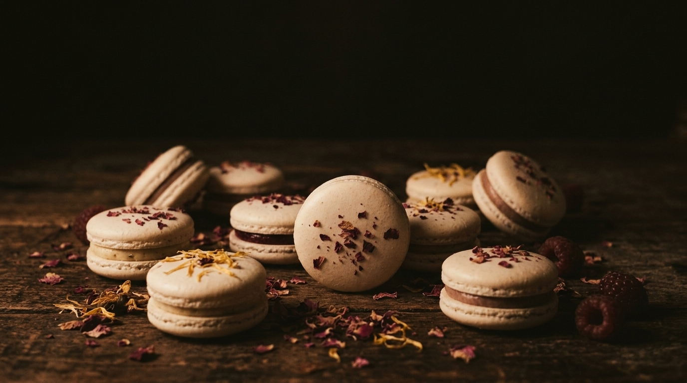 Macarons artesanales sobre mesa de madera