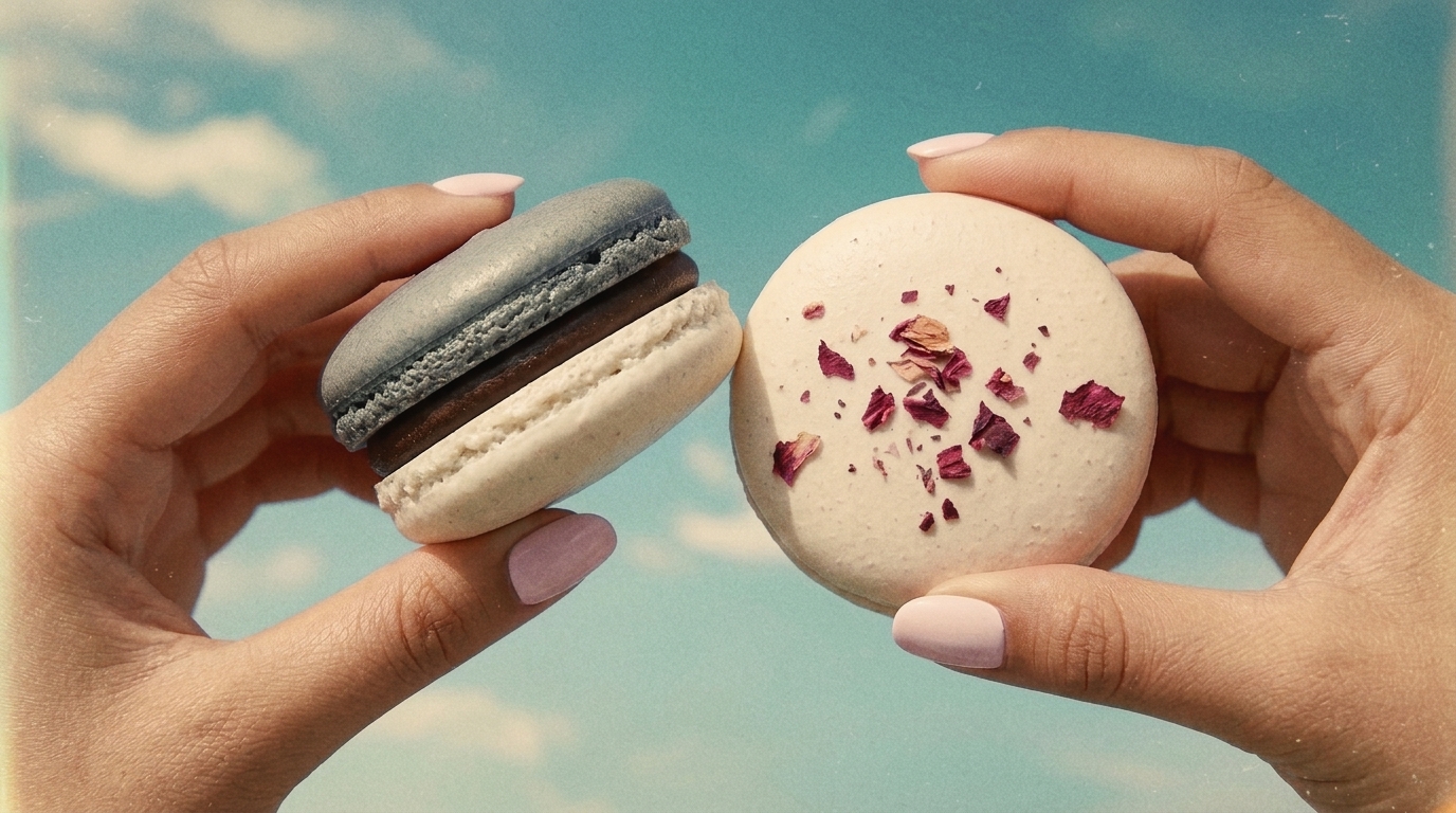 Manos sosteniendo macarones artesanales contra un cielo azul